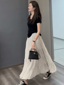 High Waist A-Line Mini Skirt Womens Summer Pleated Skirts Versatile Short Skirts Long Skirts Korean Style Solid Color