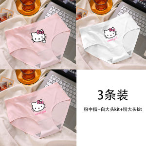 Ladies Ice Silk Panties Set Kitty Cat Cartoon Print Soft Sweet Cute Pink Color mid Low Waist Triangle Underwear Youth Size