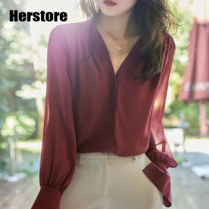Herstore เสื้อคอวีแขนยาวสำหรับผู้หญิงสีทึบเสื้อเชิ้ตพลัสไซส์คอวีทรงหลวมสำหรับฤดูใบไม้ผลิฤดูใบไม้ร่วงเสื้อชีฟอง