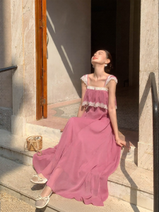 XXNING | Lace-spliced Flutter Sleeve Flowy Waist-cinching Dress