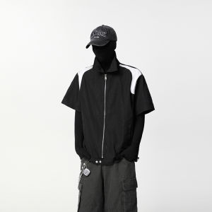 FANGWANG Mens Short Sleeve Ice Silk Shirt Shoulder Pads Splicing Pad Summer Thin Outerwear Casual Loose Fit Polyester