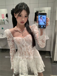 Syj Comfortable Lace Square Collar Ballerina Style Puffy Short Skirt Dress for plus Size Women Princess Waist High Waist a Line Skirt Casual Wear