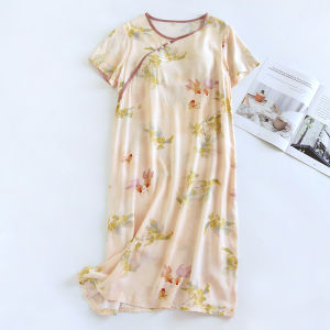 น้ำหนักเบา ผ้าฝ้าย ผ้าไหม ชุดนอน ผู้หญิง ฤดูร้อน บ้าน เดรส หลวม Fit พิมพ์คอกลมแขนสั้นความยาวปานกลาง ชุดราตรี