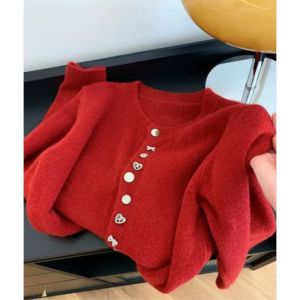 Christmas Atmosphere Knitted Cardigan Womens Winter New Style Chic Outerwear Base Shirt Vintage Loose Fit Long Sleeve Cashmere