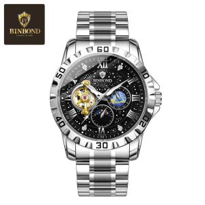 BINBOND | BINBOND Top Luxury Male Automatic Mechanical Watch New Moon Phase Man Wristwatch Hollow Tourbillon Stainless Steel Mens Watches