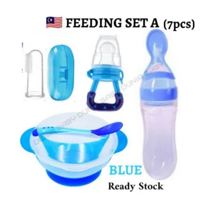 Feeding Set Baby Feeder Squeeze Bottle +Feeder Bite + Bowl with Lid Spoon +Changing Fork and Spoon Temperature Detection Set Mangkuk Baby BPA Free
