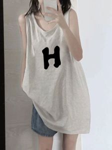 เสื้อกั๊กแขนกุดสปอร์ตหลวมๆ สำหรับผู้หญิงไซส์ใหญ่ในช่วงฤดูร้อน ทรงหลวม ทรงยาวปานกลาง เสื้อคลุมกันหนาวแบบสวมหัว ผ้าฝ้ายผสม