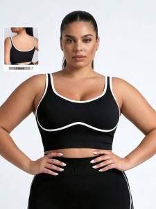 Women Plus Size Seamless Bralette Contrast Trim Ribbed Yoga Bra U-Back Breathable Fitness Gym Workout Crop Top