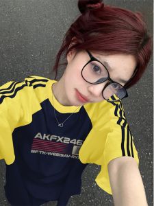 Retro American Shoulder Insert Short Sleeve T-Shirt Women Summer New Color Collision Elegant Design Trendy Streetwear Top