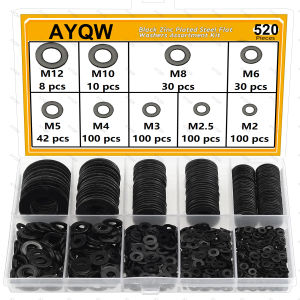 520/900pcs Black Carbon Steel Flat Washer Kit (M2-M12): Durable for Screws/Bolts with Organizer Case. For DIY & Repairs