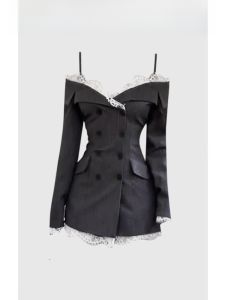 Hela Cỡ Lớn Ren Miếng Dán Cường Lực Sọc Đầm Nữ Tay Dài Eo Đinh Ngắn Đầm Đầu Tiên Mùa Thu 2024 Bộ Sưu Tập