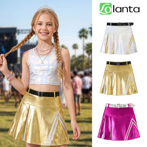 LOlanta Girls Metallic Shiny Skirt Set with Safety Shorts & Belt for Dance Stage Performance 5-11Years