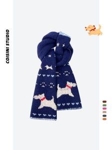 Warm Knitted Dog Pattern Scarf Womens Winter Fashionable Versatile Blue Yarn Neck Warmer for Students And Couples