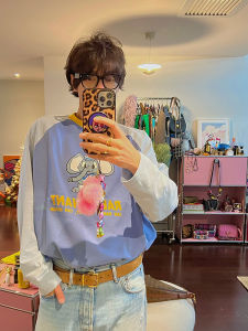 TIPSEVEN Original Design Long Sleeve T-Shirt round Neck Contrast Color Cartoon Pattern Letter Print Casual Loose Fit Cotton