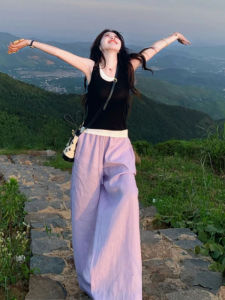 YUEZHONGWEI | Áo ba lỗ không tay dệt kim lụa băng màu tương phản cho nữ mùa hè thiết kế khoét sâu ôm vừa vặn Áo khoác ngoài