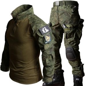 RU Camo Tactical Sets Men Outdoor Breathable T Shirts+Multi-pocket Straight Cargo Pant Training Suit Combat Set