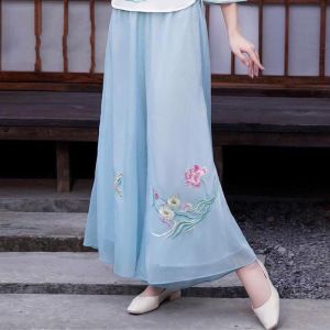 LUCKIN STORE Women Pant Retro Double layered Chiffon Embroidery Wide Leg Pant Bottoms Elasticated waist Dress Leggings 2025 Summer New Women Trousers