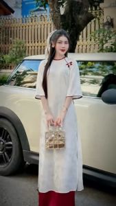 Áo dài cách tân nữ gấm tơ Long Phụng cổ tròn tay lỡ trẻ trung tôn da