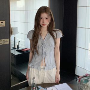 NIUVIES | Áo Sơ Mi Tay Ngắn Màu Xanh Phong Cách Pháp Độc Đáo Thời Trang