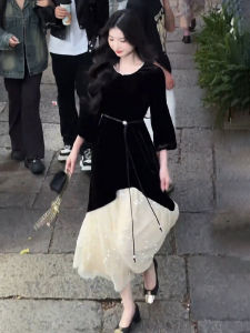 Sequin Gauze Patchwork Black Velvet Dress Female 2024 Fall New Arrival French Fancy Temperament Long Dress