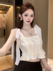 GUZILIAN | เสื้อกั๊กสั้นแขนกุดสไตล์เกาหลีสำหรับผู้หญิงในฤดูร้อน ดีไซน์ลายจุด ผูกโบว์ ดีไซน์ขอบใบบัว เสื้อผ้าทำงานสุดเก๋