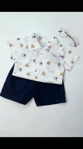 Set sơ mi bé trai Keyer Kid Áo kate mềm họa tiết ô tô + quần kaki | Đồ bé trai 10–22kg SM15