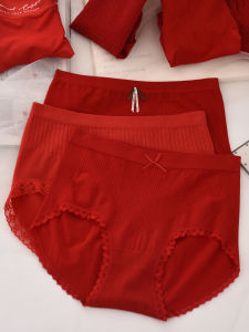Lucky Year Red Wedding Underwear Womens Mid-High Waist plus Size Loose Pure Cotton Triangle Panties Breathable Comfortable