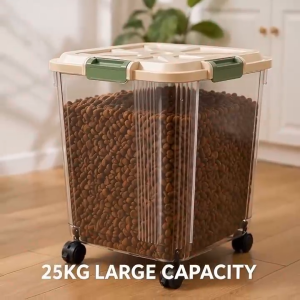 25KG Pet Food Box Storage Bin Moisture & Insect Proof Dog Cat Food Container with Wheels Airtight Secure Lid PP+PET Food Grade Material Easy Open Multi-Purpose Dry Pet Grain Storage Bucket