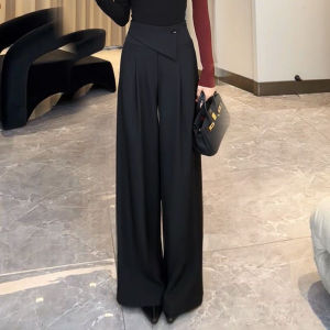 Quần Ống Rộng Màu Đen Thời Trang Thường Ngày Cho Nữ 2025 Quần Ống Đứng Cạp Cao Ôm Sát Cơ Thể Quần Dài Polyester