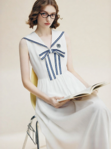 FAMANXUAN | Sailor Collar Bow Design Acetate Tencel Sleeveless Dress
