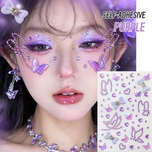 1Pcs Fairycore Purple Face Rhinestone Stickers 3D Butterfly Bow Heart Crystal Decals Y2K Festival Stage Makeup Temporary Tattoos