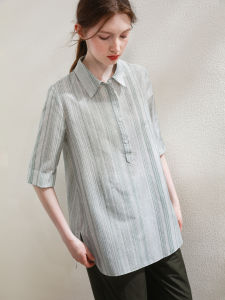 Miccbeirn | Silk Cotton Striped Print Polo Collar Commute Casual Top Womens Shirt Drapey Skin-friendly Straight Tube Regular Sleeve Length