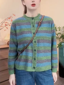 QINGNAER | Vintage Stylish Casual Versatile New Womens Striped Color Block Single Row Buttoned Knit Cardigan