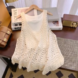 Korean Style Hollow out Knitted Strap Vest Women Summer New Design Loose Short Sleeveless Top Fashionable Casual Cotton Tank