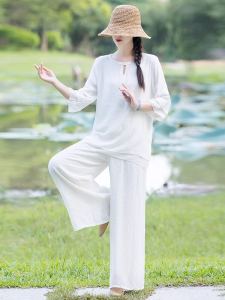 Retro Zen Tea Ceremony Cotton Linen Yoga Tai Chi Womens Large Size Suit Comfortable Breathable round Neck Pullover Top