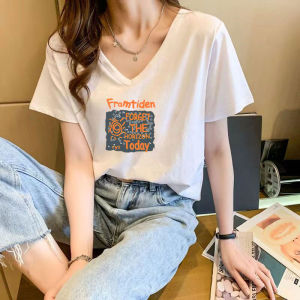 Trendy V Neck Short Sleeve T-Shirt Womens 2024 Summer New Arrival Shoulder Width Loose Pure Cotton Hong Kong Style Western Style Leisure Slim Looking Tops