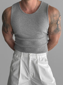 European Goods Heavy Weight Pure Cotton Thread Vest Muscle Mens High Elastic Sleeveless T-Shirt Bodybuilding Training Sports Bodysuit Tide