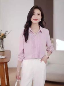 AMMIN 2024 Autumn new lapel long sleeve fashion Pleated fabric commuter chiffon blouse Korean version of womens natural drop elegant blouse