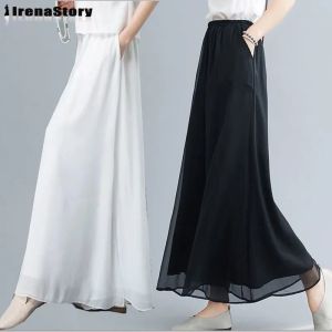 IRENASTORY Chiffon Pants Women Wide Leg Pants Loose Version Stretching High Waist Trousers