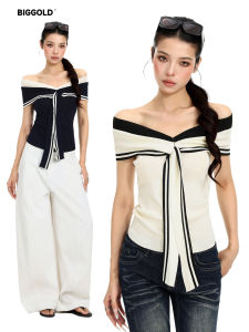 Off-Shoulder Tie Shoulder Color Block T-Shirt Short Slim Fitting Top