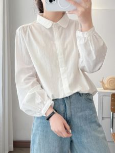 Áo Sơ Mi Cotton Dài Tay Màu Trắng Cổ Polo Thường Ngày Đa Năng Cho Nữ Mùa Hè 2025 Thiết Kế Cổ Tròn Nhỏ Gọn Thoải Mái