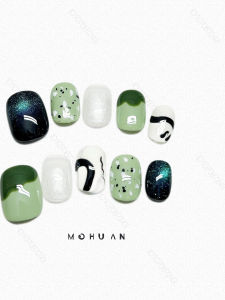 Hand-Painted Short Nail Art Wearable False Nails Green Color White-Looking Unique Japanese Style Cute Luxury Finished Product