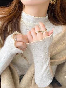 WANGGONGZHU | Princess Style Womens Lace Hook-Embroidered Half-High Collar Long Sleeve Base Shirt Fashionable Inner Wear For Autumn And Winter