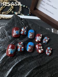 Handmade Short Nail Art Wedding Celebration Wearable Bean Nails Chinese Style Pure Color Trendy Design False Nails Tips