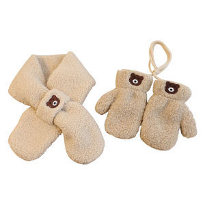 2Pcs Winter Baby Scarf Gloves Set Faux Lamb Wool Bear Kids Neck Warmer Mittens Korean Snow Children Boys Girls Accessories 2-6Y