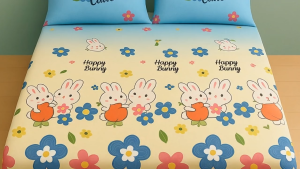 Seprai / Sprei FULLSET Gambar Kartun Lucu Happy Rabbit Terbaru ukuran 90x200 120x200 180x200 Murah Terlaris
