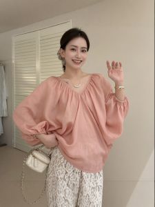 Korean Style V-Neck Womens Fashionable Loose T-Shirt Elegant Lazy Style Cover up Summer Top Sweet Style Pure Color