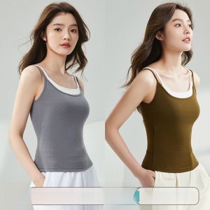 Miiow | Slim Fit Two Tone Splice Design Womens Tank Top With Built In Chest Pad Base Layer Summer Simple Style Nylon Modal Cotton Blend