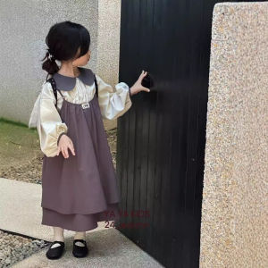 Autumn New Style Doll Collar Long Sleeve Shirt Korean Style Strap Dress Childrens Long Skirt Set for Girls High Waist Cotton Polyester