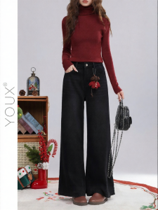 YOUXIANG | Quần Jeans Chân Rộng Lót Lông Ấm Áp Phong Cách Retro